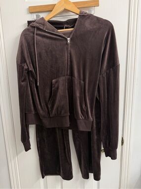 MyStyle Brown Velour Lounge Set Women's L Matching Zip Hoodie Jogger Pants Y2K
